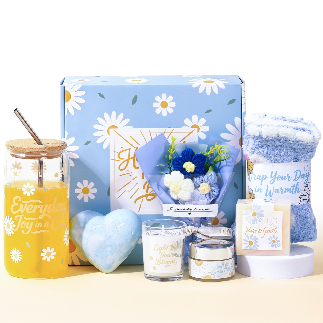 Mother's Day Gift, Daisy Gift Set for Her, Unique Happy Birthday Box for Teen Girls Sister Mom Friends, Inspirational Self Care Spa Gift Baskets, Thank You & Christmas Gift for Women